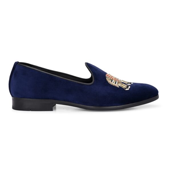 Navy Blue Velvet Embroidered Elephant Loafers for Men - Image 5