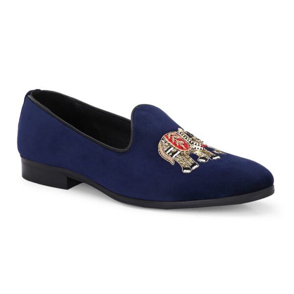 Navy Blue Velvet Embroidered Elephant Loafers for Men - Image 3