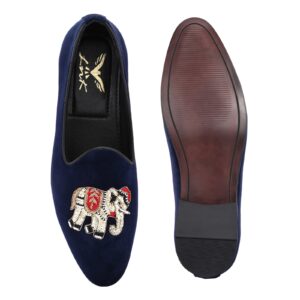 Navy Blue Velvet Embroidered Elephant Loafers for Men