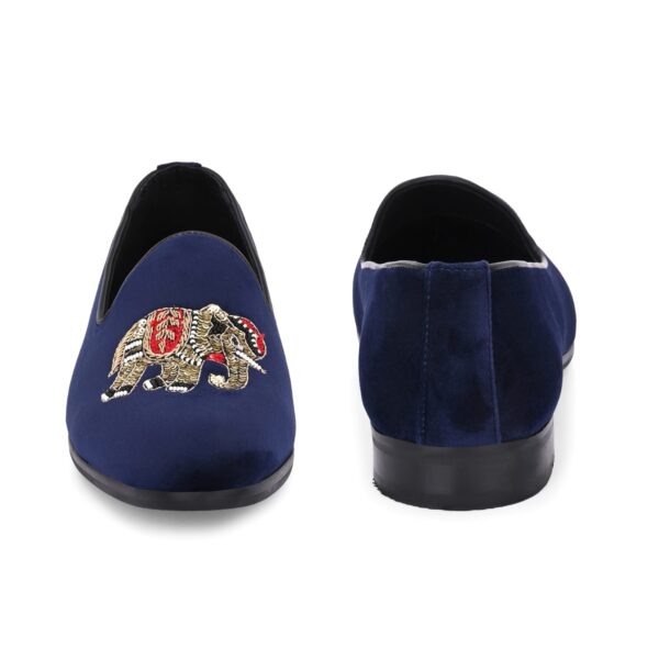 Navy Blue Velvet Embroidered Elephant Loafers for Men - Image 2