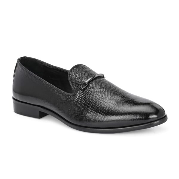 Black Textured Loafers with Sleek Metal Accent